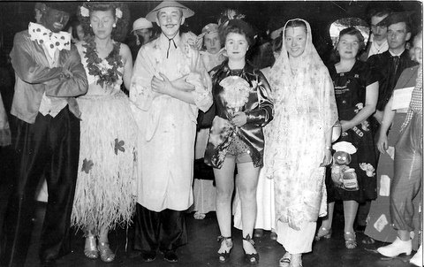 Fancy Dress Ball, front row only:-  Jeff Evans, ?, Brian Stapleton, Beryl Evans, ?, ?. Submitted by Brian Stapleton